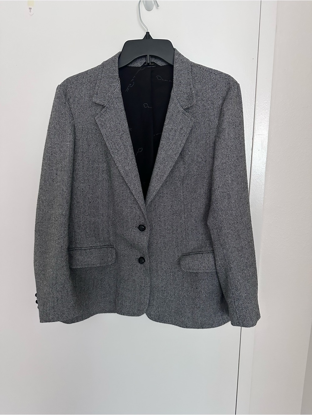 Oscar de la Renta Grey Wool Blend Printed Blazer Jacket Size L